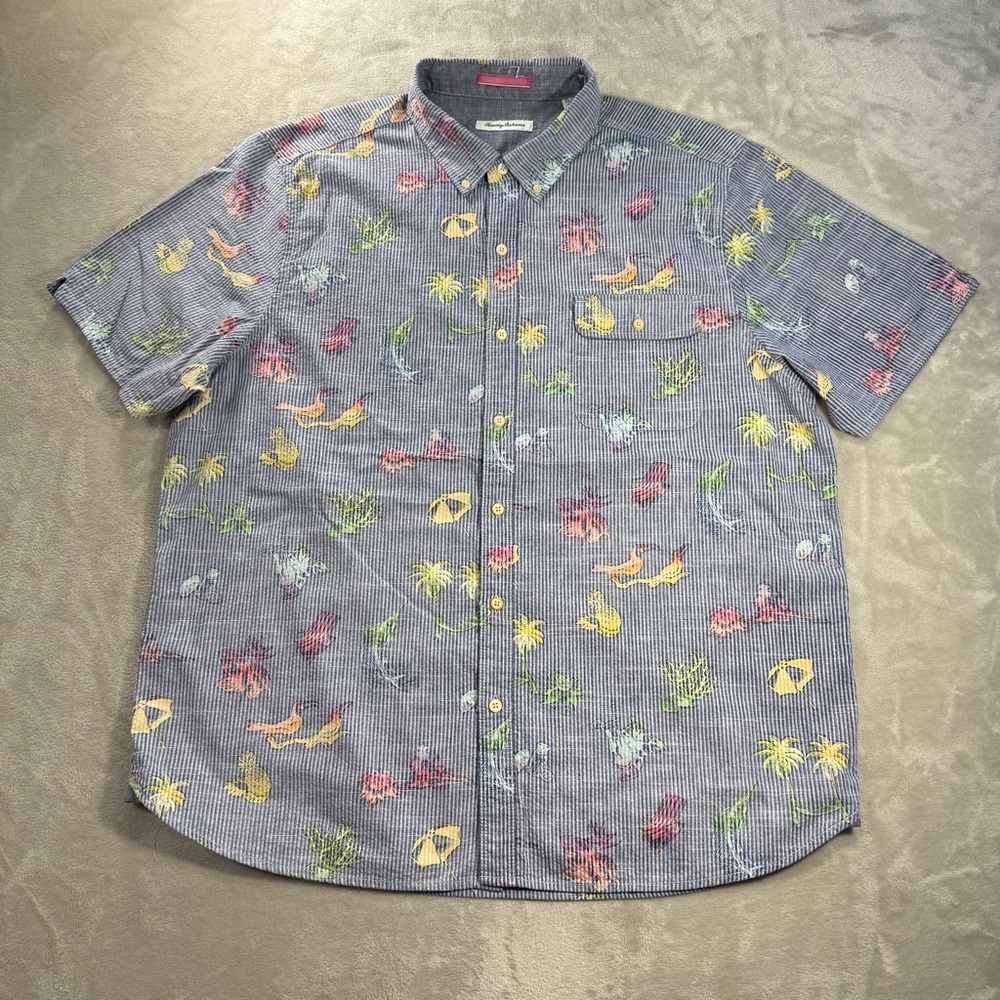 Tommy Bahama Seersucker Umbrella Parrot Beach Island Button Down Shirt Sz XL